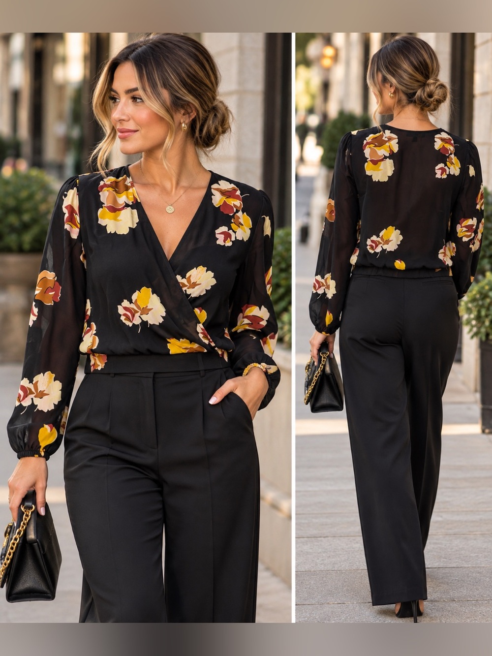 Madewell 100% Silk Floral Wrap Blouse Black Long Sleeve Top S